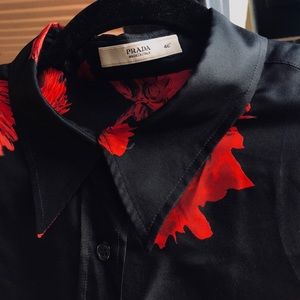 Prada Black Silk Blouse with Red Rose Print